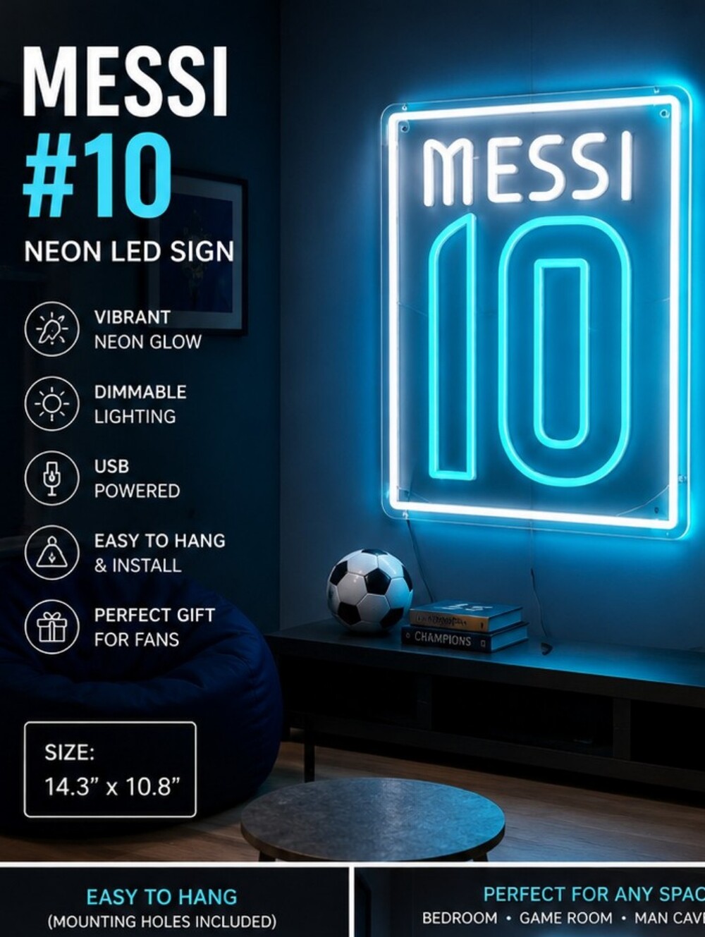 Messi #10 Neon LED Sign | Dimmable USB Powered Wall Light | 14.3" x 10.8" | New